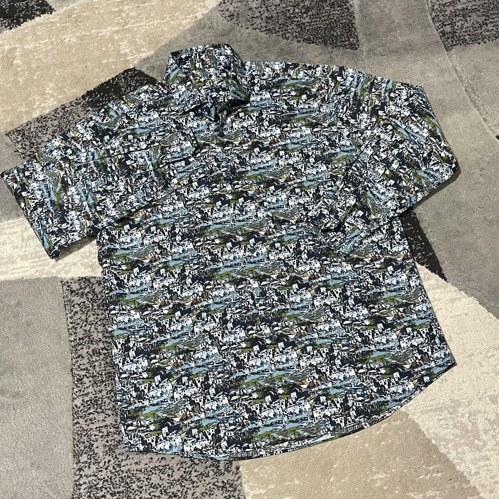 Alan Flusser Abstract Shirt Men‎ Large Blue Green Village Landscape Print Preppy